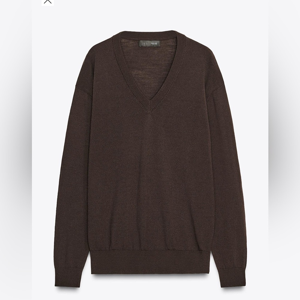 100% wool Zara Men's Dark Brown V-Neck Sweater